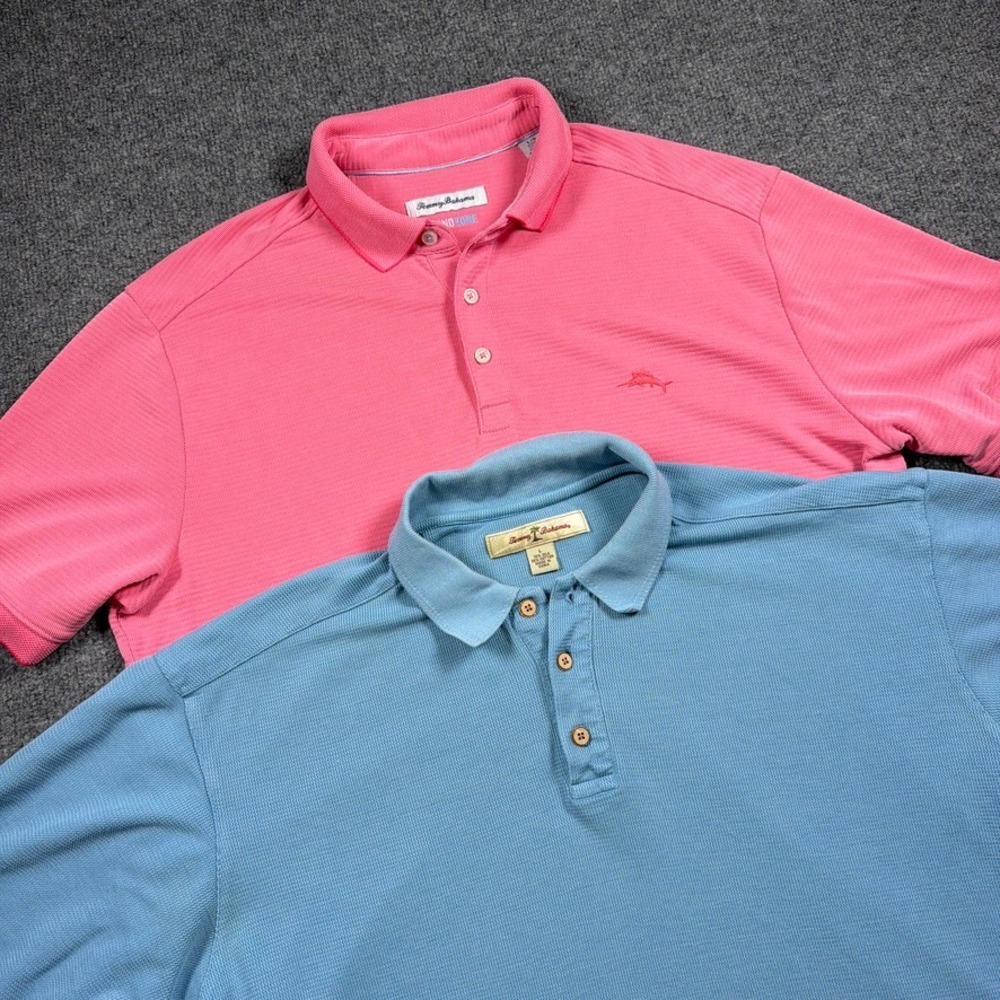Tommy Bahama Polo Shirt Lot Mens Large Pink IslandZone Blue Silk Cotton 2 Pack